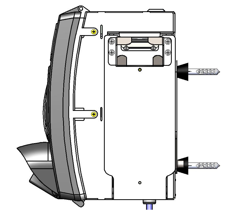 Vista Lateral Direita: Bocal do Dispensador de Papel da Impressora 2 Parafusos