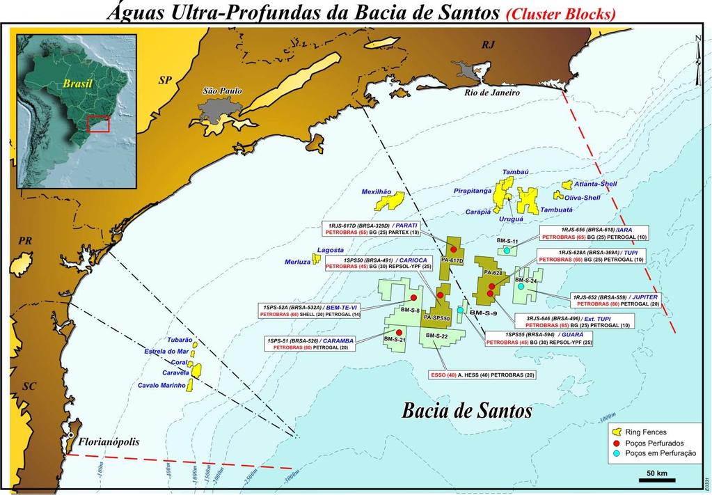 Situação da Perfuração dos Poços do Pólo Pré-Sal na Bacia de Santos 10 290 Km 146 146 146 146 Km Km Km