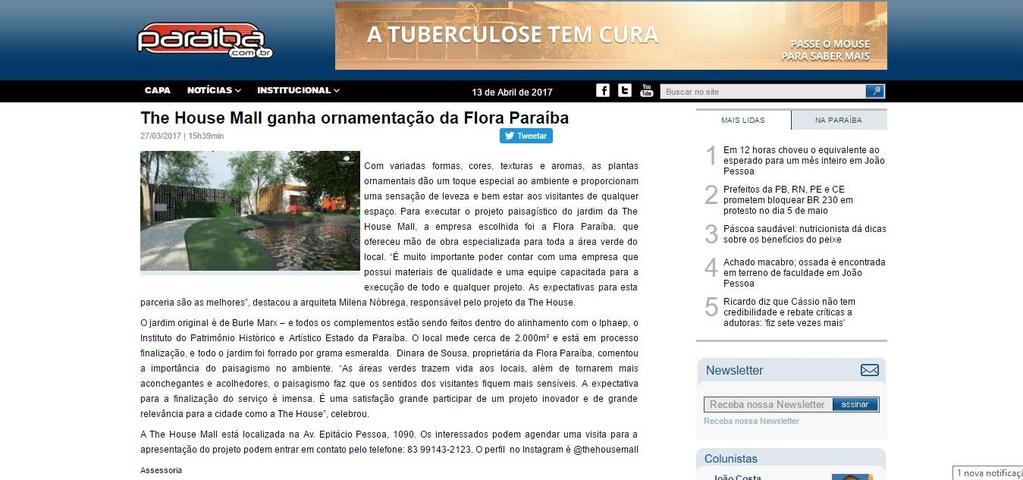 Na Figura 2, temos o release enviado pela agência publicado por um dos principais portais de notícia da Paraíba. É composto por titulo, subtítulo e um texto com três parágrafos.