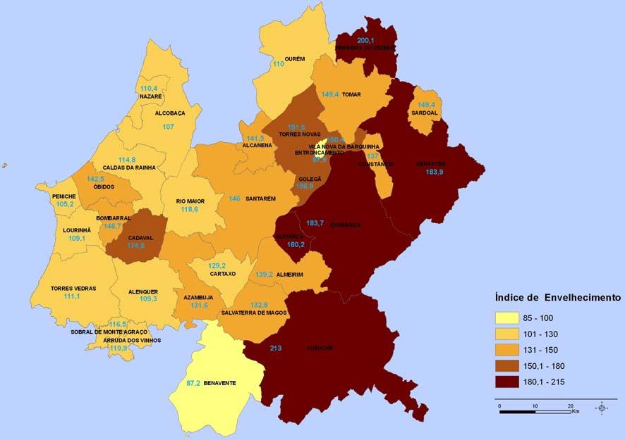 Evidenciando as situações mais problemáticas, no Médio Tejo destacam-se os concelhos de Abrantes, Ferreira do Zêzere e Sardoal onde a população com mais de 64 anos representa mais de 23% da população