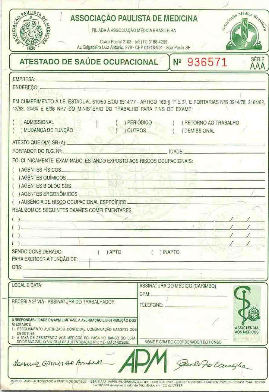 Atestado de Saúde Ocupacional Conteúdo Mínimo Nome completo do trabalhador Numero de Doc.