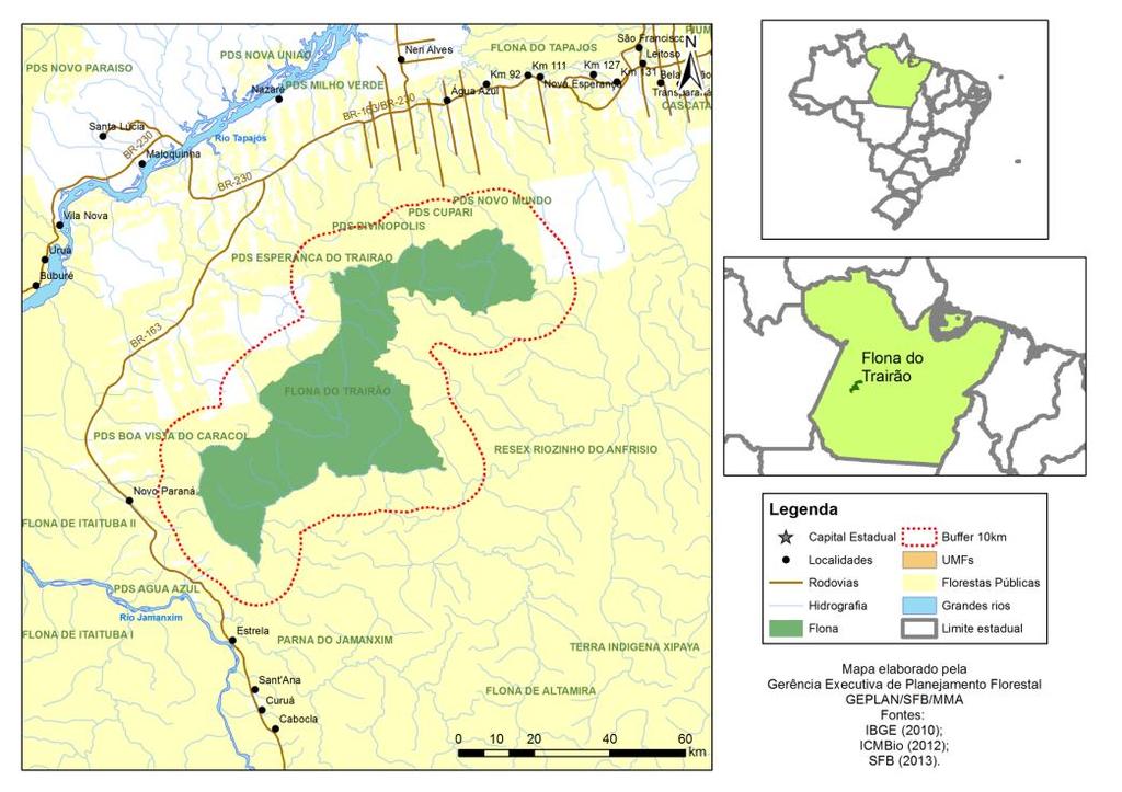 Floresta Nacional do Trairão Pará PA Marcos Legais Área (em ha): Bioma: Decreto s/n de 13/2/2007 Conselho Consultivo: Portaria n o 32, de 14/5/2009 Plano de Manejo: aprovado Portaria n o 10 de