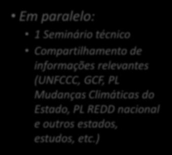 Processo de construção da minuta do Projeto de Lei do Sistema Estadual de REDD+ de Mato Grosso 1 ano de trabalho do GT REDD MT 24 reuniões, com média de participação de 12 pessoas Etapas da