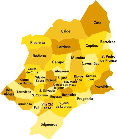 Preâmbulo Concelho localizado na província da Beira Alta com sede na cidade de Viseu, capital do distrito com o mesmo nome e uma população residente de 93 501 habitantes, segundo os últimos Censos