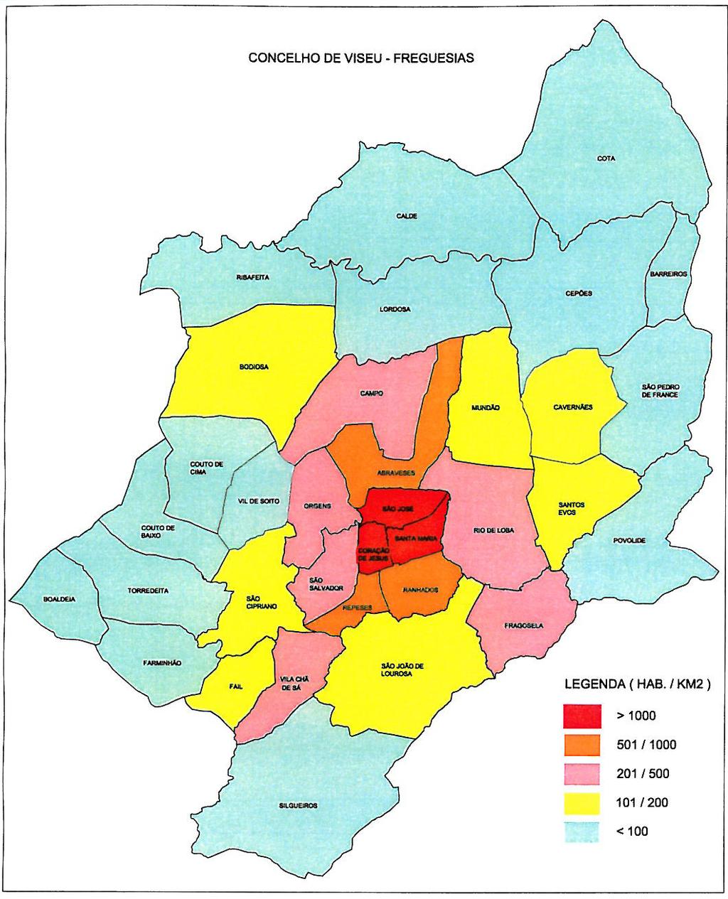 Pré-Diagnóstico Social do Concelho de Viseu Relativamente à densidade populacional, a tabela 3 indica que a freguesia com mais habitantes por km² é a de Coração de Jesus (Viseu) com 3 734,2.