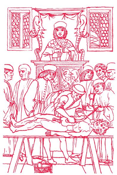 Lição de anatomia na Universidade de Pádua. O teatro de anatomia revelou ao público um corpo desencantado e profanado, em De Fascículo de Medicina, Veneza (1494).