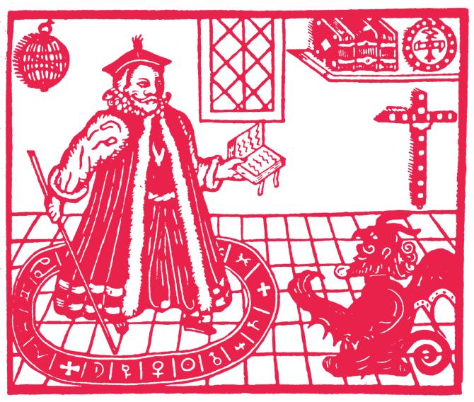 Frontispício da primeira edição do Doctor Faustus (1604), de Christopher Marlowe, que apresenta o mago conjurando o diabo no espaço protegido de seu círculo mágico.