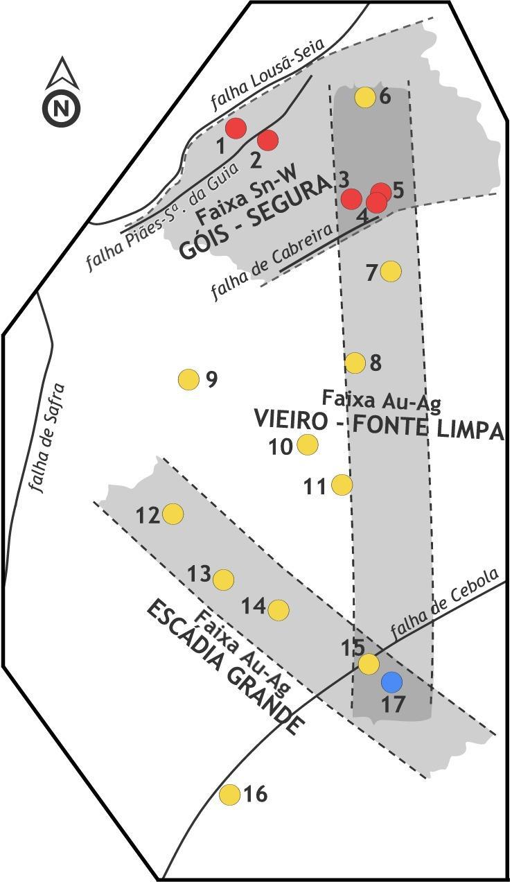 1.3. Mineralizações de Sn-W e Au-Ag Ocorrências Sn-W 1 Vale Moreiro-Casal Loureiro 2 Senhora da Guia 3 Rabadão 4 Vale Pião 5 Barroca de Amiães Ocorrências Au-Ag 6 Vieiro