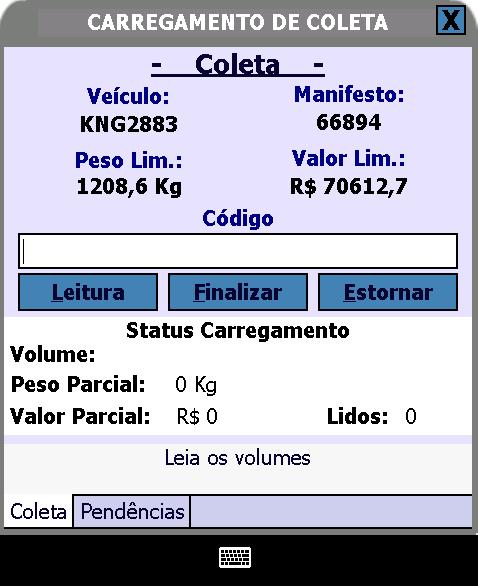 10 Módulo de Coleta O operador devera fazer a leitura de os volumes que serão coletados A solução fará a consistência de cada um dos volumes, verificando se os mesmos pertencem ao