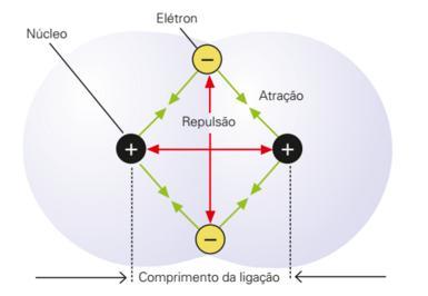 Como ocorre a ligação covalente: Ex: molécula H 2 O núcleo de cada um dos átomos atrai os elétrons do outro; Os elétrons dos dois átomos se