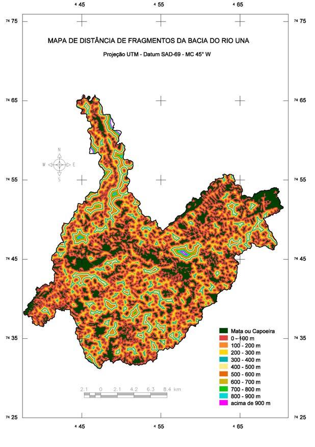 Tabela 1. Resultado da classificação do mapa de distância entre fragmentos florestais nativos da bacia do Rio Una.