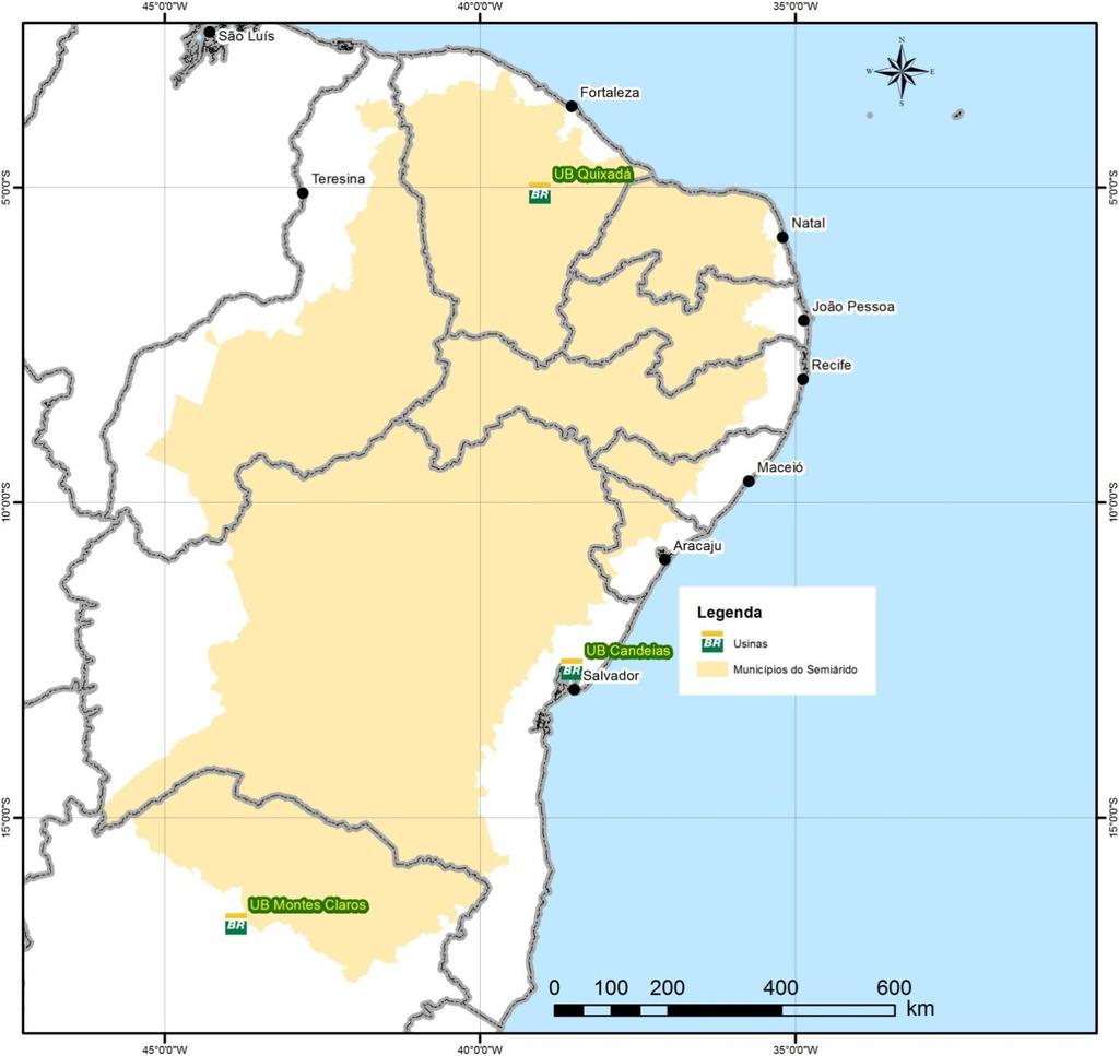 Geografia da atuação da Petrobras Biocombustível no Semiárido Pólos de Produção Safra 13/14 Objetivo: Pluviometria Foram Adensar identificadas e limitar atuação as áreas comercial de menor a