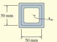 O torque interno no ponto A é T = 85 Nm. Para tensão de cisalhamento média: 3 8510 Nmm méd 2 2tAm 2 10mm 2.500mm méd T 1,7 MPa 2 2 A m 50 2.500 mm A área sombreada é.