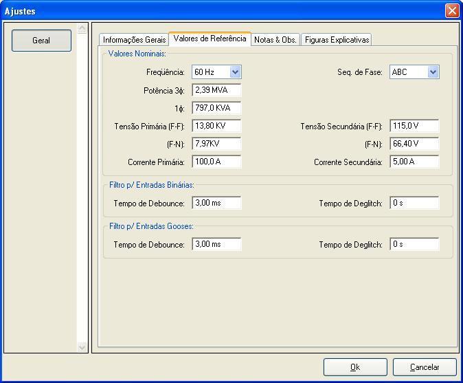 3.3 Valores de Referência Na tela abaixo são ajustados os valores de frequência, sequência de fase, tensões primárias e secundárias, as correntes primárias e secundárias do sistema.