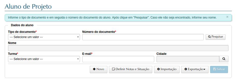 são cadastrados na opção Cadastro de Alunos (Moodle) (figura 6) A opção/botão Importação da