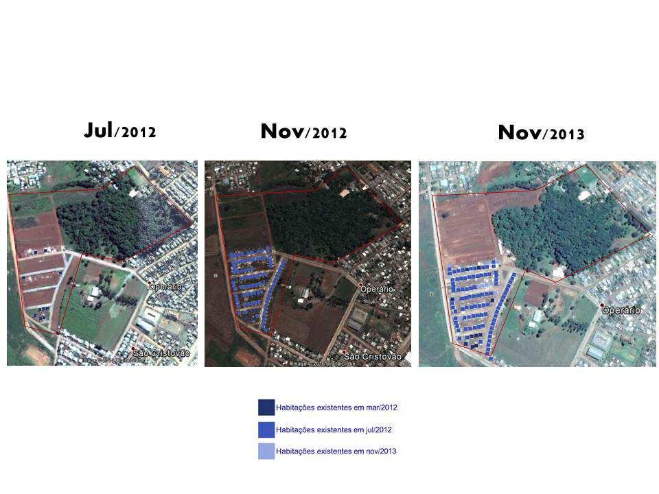 construídas no período de março a julho de 2012, e azul claro para as últimas residências construídas. Figura 4: Mosaico de Residências em Datas Distintas de Construção.