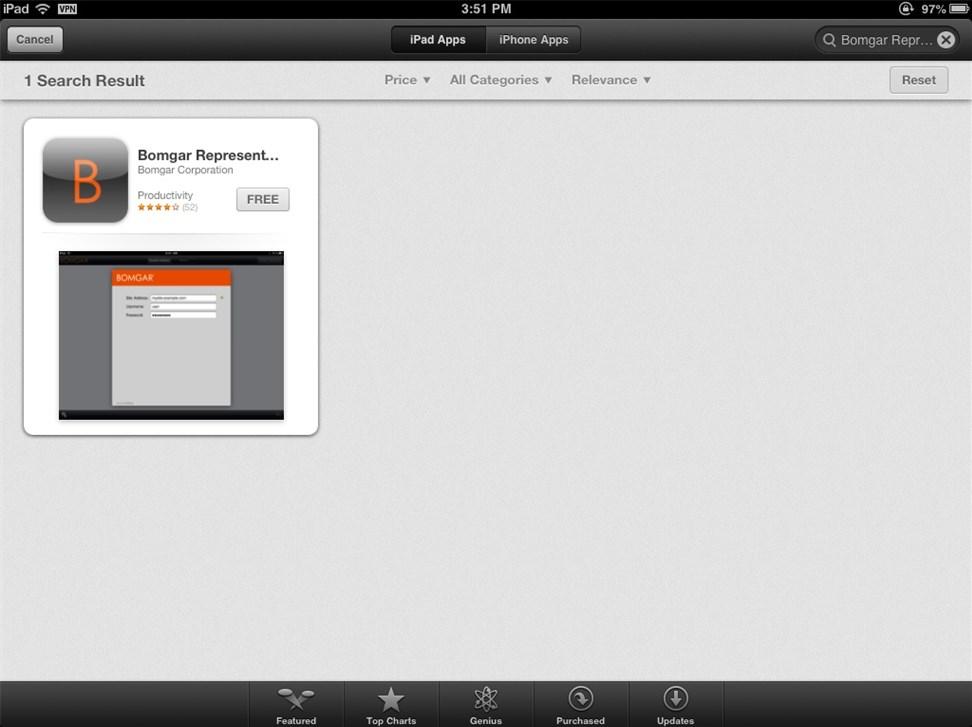 Instale o Console de Suporte Técnico no ios O Console de Suporte Técnico da Bomgar para ios está disponível gratuitamente para baixar na Apple App Store.