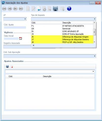 1.1.3 TELA ASSOCIAÇÃO DOS AJUSTES Inclusão dos impostos "J6', "J7" e "J8" no combo "Tipo de Imposto" para atender à inclusão de novos