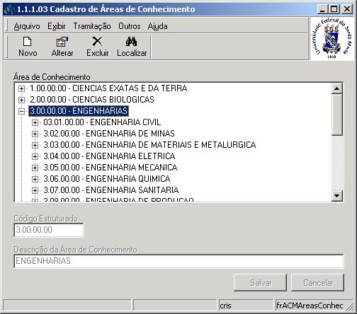 Nesta aplicação, correspondente a Figura 40, é possível Incluir, Alterar, Excluir e Localizar as Áreas de Conhecimento. Para incluir uma nova Área de Conhecimento acione o botão <Novo>.