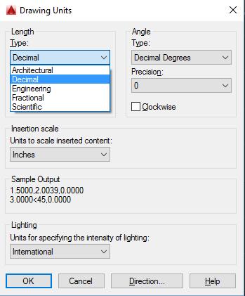 Sistemas de Unidades em AutoCAD Digite Units no command line ; Aperte enter; Sistemas de Unidades em Autocad O AutoCAD oferece cinco sistemas de unidades: Architectural; Decimal; Engineering;