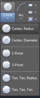 O AutoCAD fornece seis maneiras de desenhar um círculo: Nos casos Center, Radius e Center, Diameter, especifica-se primeiro o centro do círculo e, em seguida, especifica-se o valor do raio ou