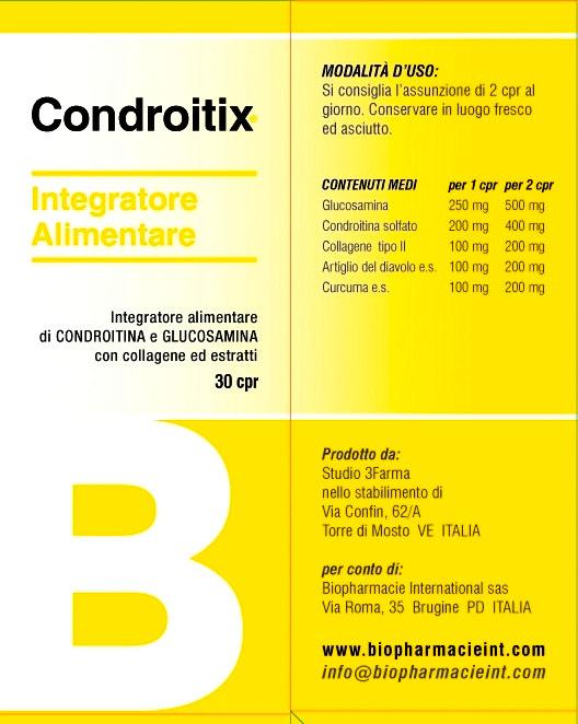 CONDROITIX BIOPHARMACIE suplemento dietético CONDROITIX é um suplemento dietético é indicada para qualquer tipo de dor osteoartrítica osteoarticular tipo, a combinação de compostos bioactivos, tais