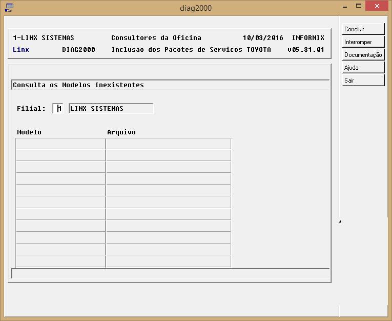 Aba Modelos Inexistentes Essa opção apresentará os modelos que estão em um arquivo processado pela atualização de pacotes e que não estão cadastrados no Sisdia, programa ( VEIC0100 ).