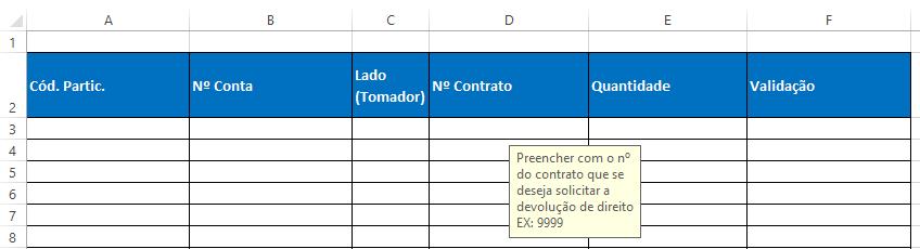 Passo 4: Preencher a coluna D com o número do contrato que se deseja solicitar a devolução de direito Passo 5: Preencher a coluna E