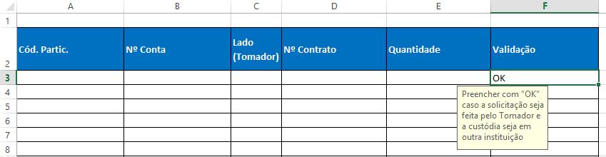 solicitação seja feita pelo tomador e a custódia seja em outra instituição Ao finalizar o preenchimento, esta planilha deve ser