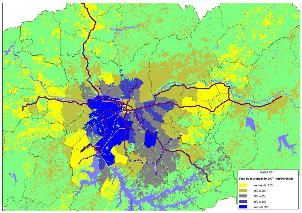 Já as maiores variações na taxa de motorização entre 1997 e 2007, mais de 40 automóveis por 1000 habitantes, destacam-se não apenas no alto de Pinheiros, como também em Perus, Jaraguá,