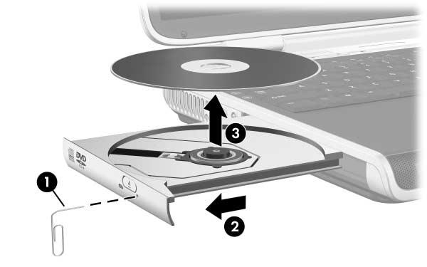 Unidades Remover discos ópticos (equipamento desligado) Se o notebook estiver desligado ou não estiver a receber energia, o botão de abertura da unidade óptica não funcionará.