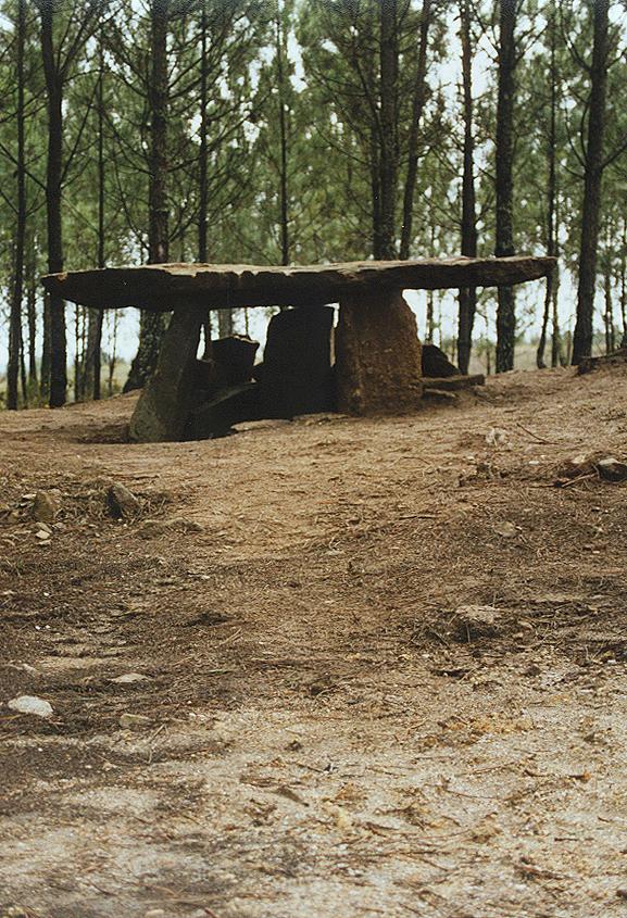 comprimento, possui sete esteios no quadrante norte e oito no quadrante sul, estreitando-se desde a câmara para a entrada do monumento.