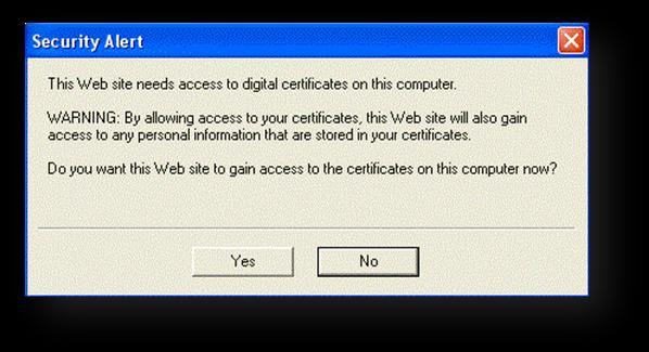 utilizado. Essa mensagem também informa que o certificado digital contém informações pessoais que serão acessadas pelo sistema.