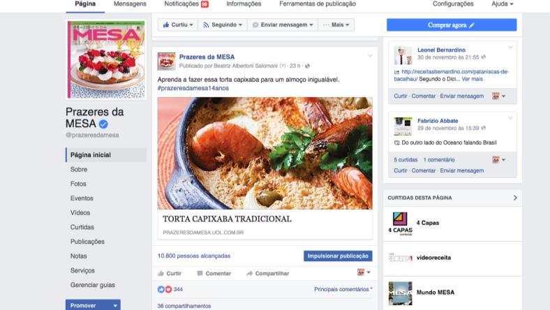 Redes Sociais Chef Salsa Todo dia pela manhã a redação postará uma foto e a respectiva receita no Facebook da Prazeres da Mesa informando um número de celular para que o leitor entre em contato com