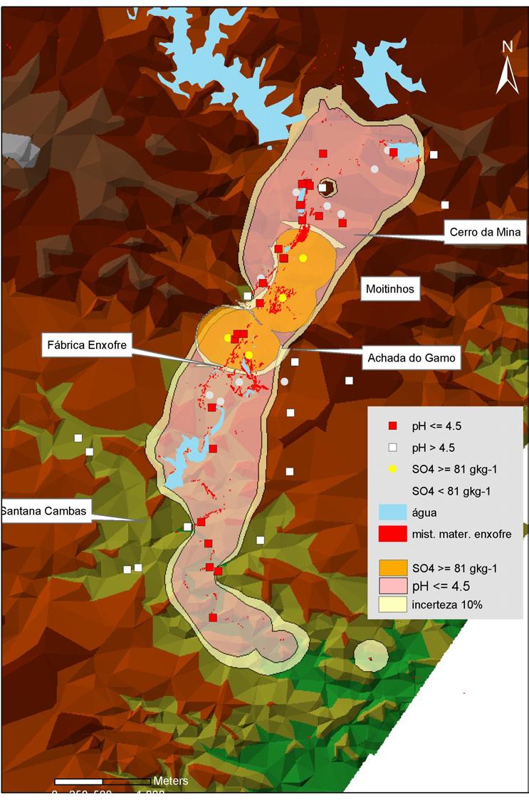 Faz-se, no entanto, notar, na área sul da figura, a existência de uma zona de incerteza de 10% quanto à existência de valores de ph 4,5, zona esta que se encontra ainda na área de influência das