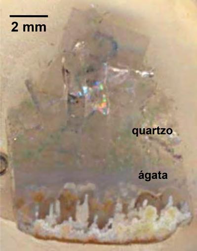 Capítulo 12 Catodoluminescência Figura 4 Fotografi a do fragmento de geodo utilizado como amostra: as regiões com quartzo e ágata estão indicadas. 3.