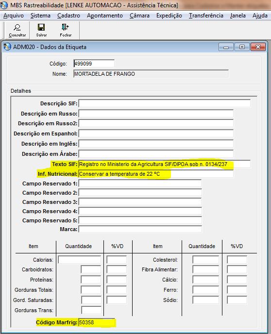 Nesse caso, você pode alterar, por exemplo, a Informação nutricional, o Texto SIF e o Código Marfrig.