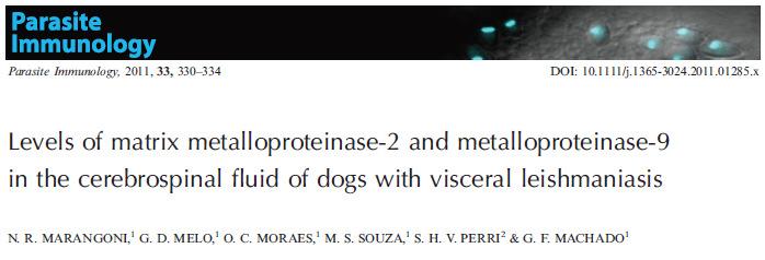neuroinflamação e rompimento da BHE MMP-2 e MMP-9 foram mensuradas em 50 animais com e 10 sem LV MMP-9 foi identificada somente no LíQUORde cães com LV MMP-9 parece