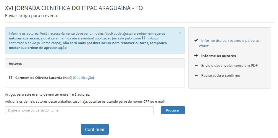 Figura 18. Preenchimento de dados finais de dados para submeter trabalho na Jornada Científica do ITPAC. 22) Conforme Figura 18, você deve adicionar os autores do seu trabalho.