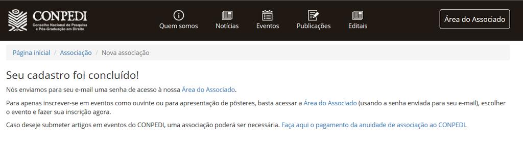 Figura 9. Site do CONPEDI mensagem de conclusão do cadastro e envio da senha para acesso.