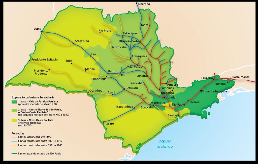 CARTOGRAFIA: FERNANDO JOSÉ FERREIRA Economia: permanências e mudanças EXPANSÃO DO CAFÉ E DAS FERROVIAS EM SÃO PAULO 40 km Fontes: TOLEDO, Vera Vilhena; GANCHO,