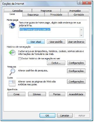 05. A figura abaixo que representa a caixa de diálogo Opções da Internet do navegador Internet Explorer: Esta caixa de diálogo pode ser aberta, no Internet Explorer, através do menu: a) Arquivo.