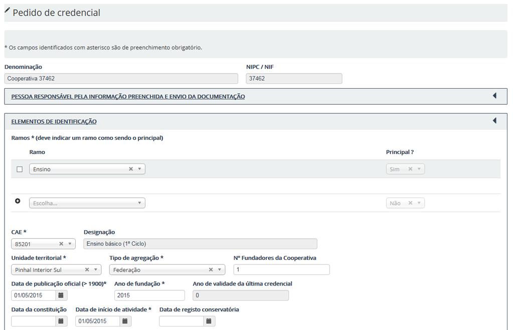 Pedido de credencial: elementos de identificação Nesta segunda zona de inserção de informação poderá ocorrer uma de duas situações: 1) Ou os campos aparecerão preenchidos, o que significa que a CASES