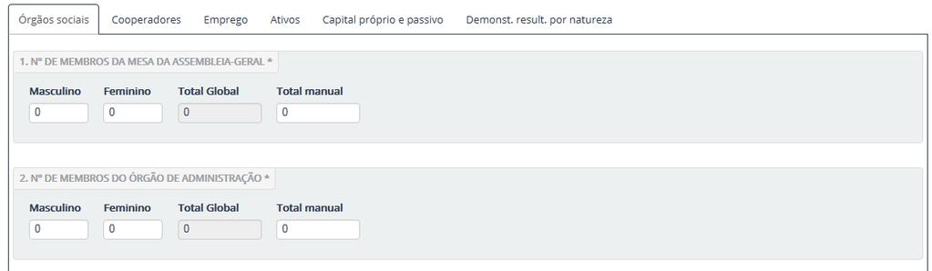 Pedido de credencial: informação estrutural A zona referente à Informação Estrutural encontra-se organizada por separadores cujas designações guiam para a informação que será necessária preencher