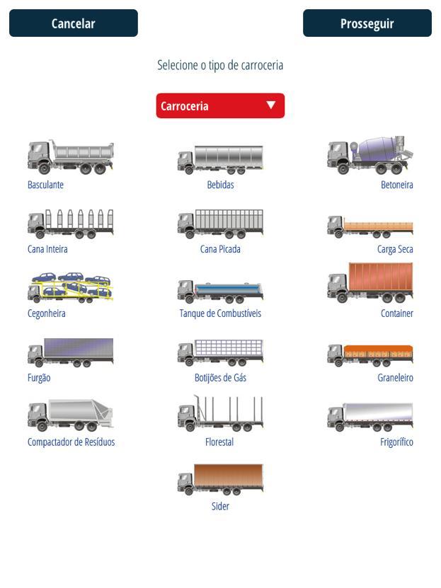 Sendo o veículo um caminhão (2, 3, 4 ou mais eixos), a próxima tela sugeria os tipos de carroceria do caminhão, como na Figura 49.