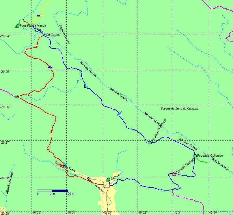 O caminho passa pela estrada calçada, Pousada do Quilombo, Pousada da Babilônia, cruza um pequeno rio, avista-se uma cachoeira à esquerda e chega na roça do Sô Zezico, e a partir de lá até a Pousada