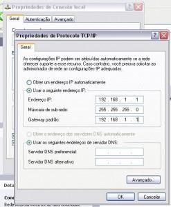 Veja como fica o IP para o primeiro computador (clique pra ver no tamanho original): Se você for acessar a internet