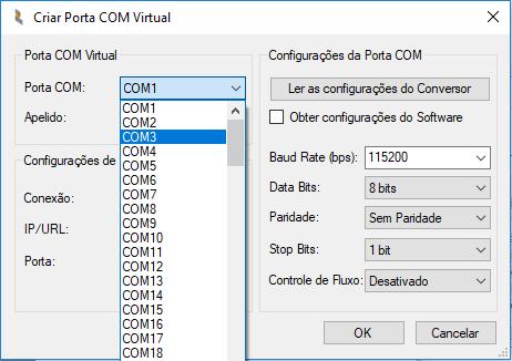 2 INSTALANDO O CONVERSOR 2) Na janela de criação de porta COM virtual, selecione uma porta COM disponível na lista Portas COM. Se desejar, insira um apelido para a porta COM no campo Apelido.