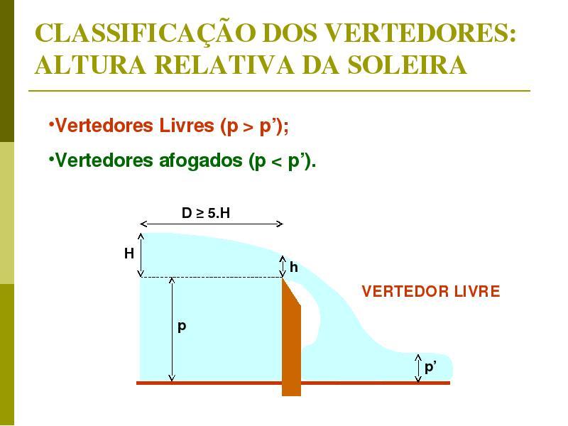 Vertedores q A descarga através dos vertedores depende fundamentalmente de H, medido em um