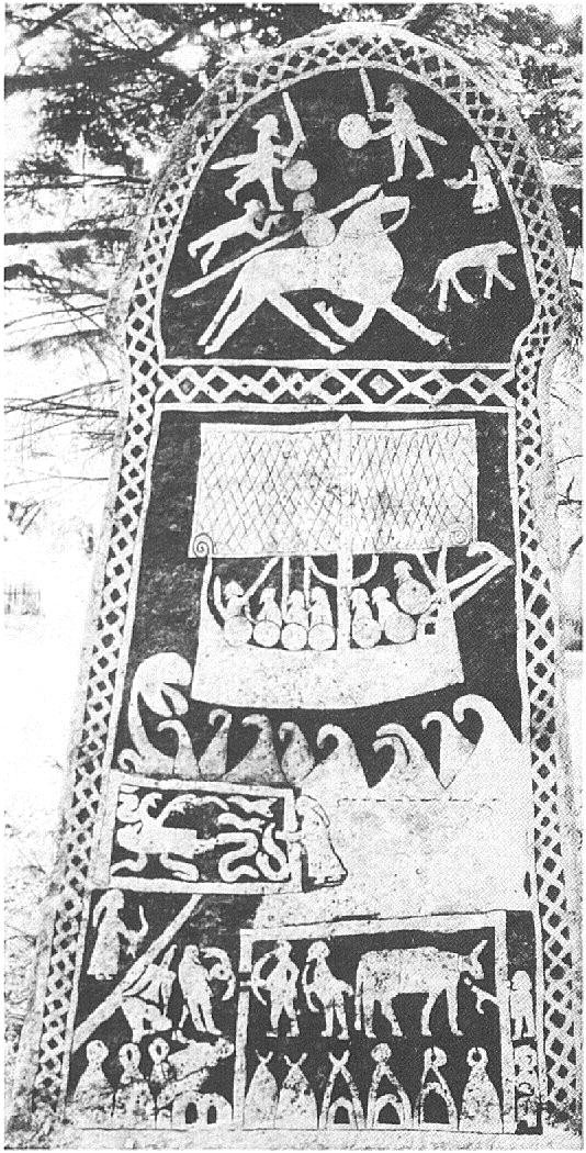 Figura 3: Estela de Klinte Hunninge I, Gotland, báltico sueco, século IX. Imagem do sistema valholliano. Fonte: http://home.no.net/ahruner/gotland.htm (Acessado em 20 de setembro de 2006).